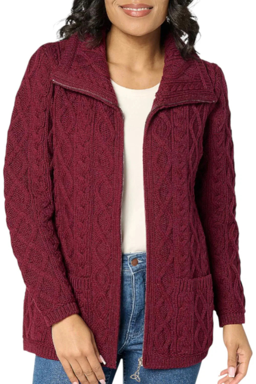Aran Crafts Women's Merino Wool Zip-Front Sweater w/ Pockets Wine - Regular